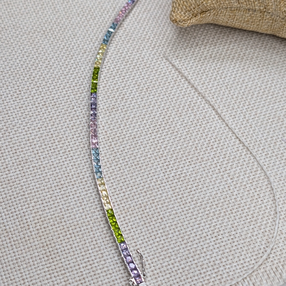Rainbow CZ Tennis Bracelet Sterling Silver 925 | 7.25" 11.5g - Picture 6 of 12